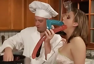 Serving-man prepares hawt brunette's messy muff of hardcore fucking with another cookhouse seasonings